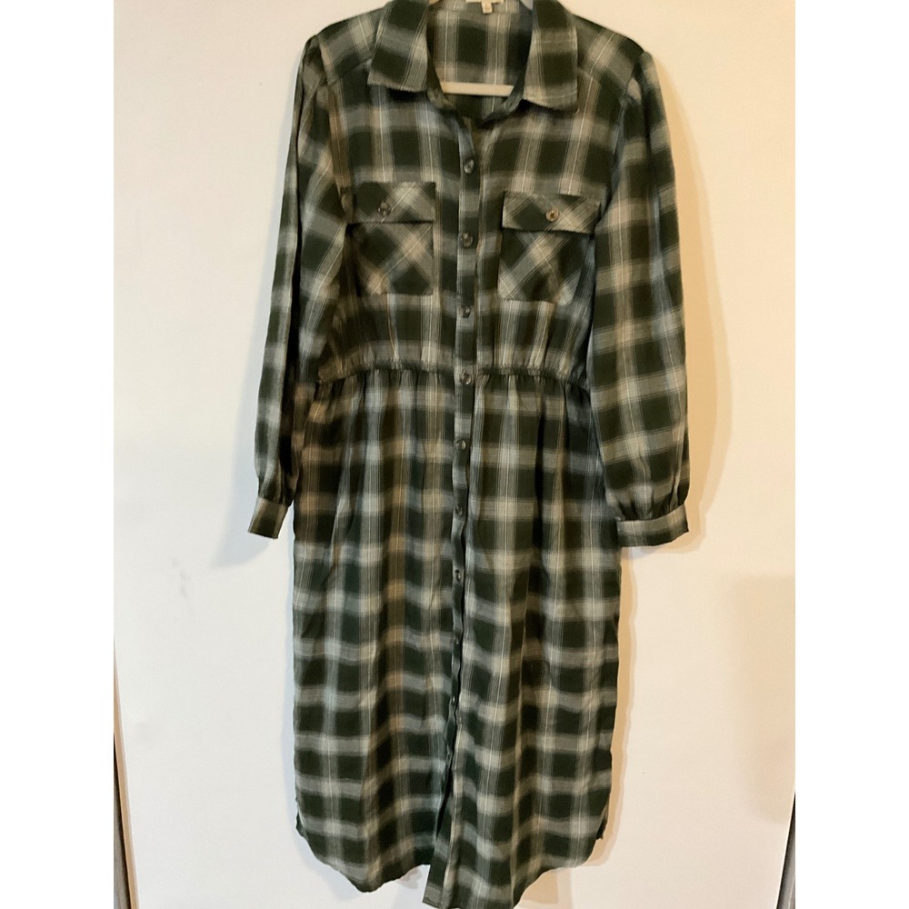 Kate & Sam Green Plaid Button Down Midi Shirt Dress Large missing belt